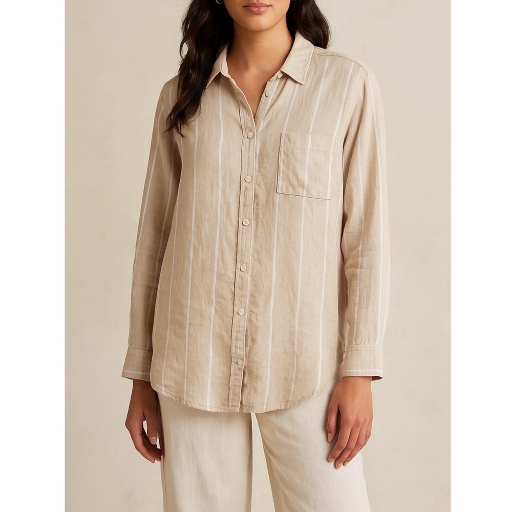 H&M Beige White Stripe Linen Button Up‎ Shirt Small Relaxed Fit Coastal Grandma